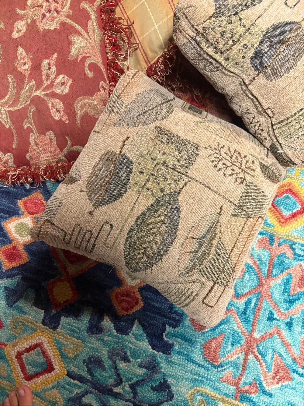 Decorative Throw Pillow Set in Rust, Plaid, Natural Leaf Prints bundle lot